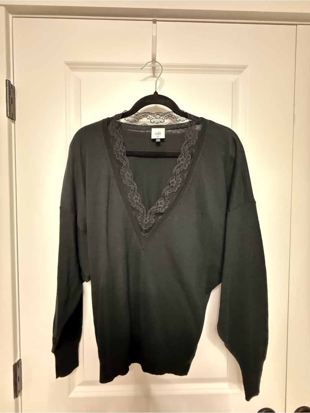 CAbi Black V-Neck Sweater with Lace-Trimmed Neckline NWOT